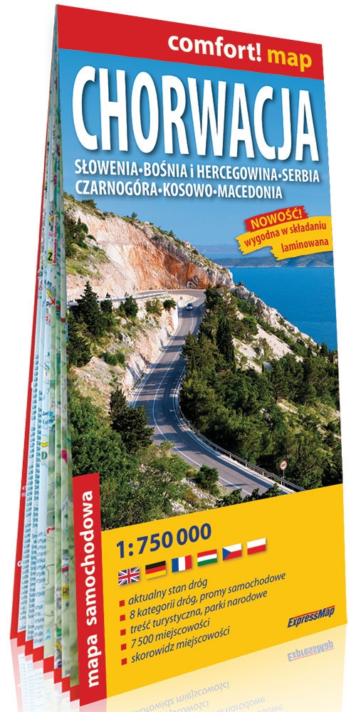 Chorwacja, Słowenia, Bośnia i Hercegowina, Serbia, Czarnogóra, Kosowo, Macedonia; laminowana mapa samochodowa