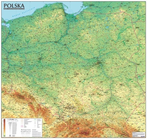 Polska. Mapa Ogólnogeograficzna mapa ścienna oprawiona w listwy. 1:570 000